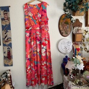 Soft Surroundings women's L Floral Wrap Maxi Dress Sleeveless Coral preppy